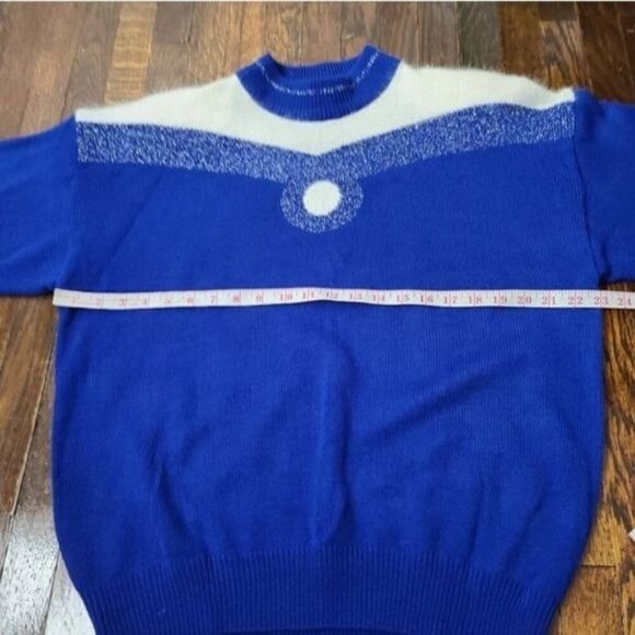 Vintage 80's Blue Silver Sparkles Geometric Wool Blend Cozy Sweater - Picture 7 of 11